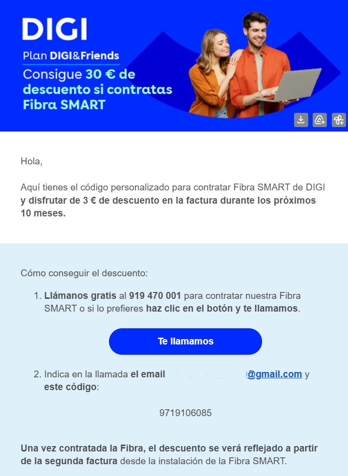 Captura de pantalla: email de Digi con el código de invitado